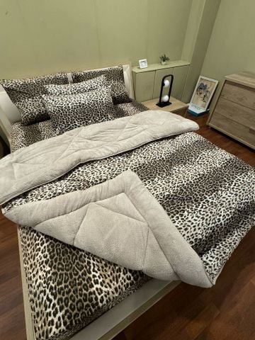 Çift Kişilik Welsoft Pufidik Uyku Seti Bej Leopar (Lastikli Çarşaflı)