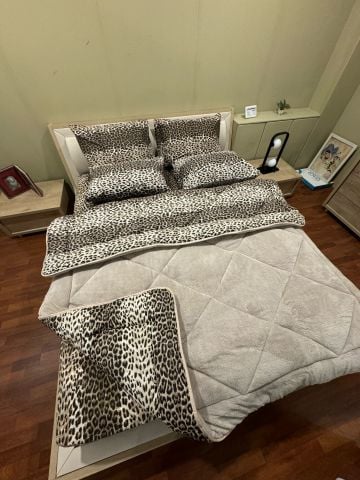 Çift Kişilik Welsoft Pufidik Uyku Seti Bej Leopar (Lastikli Çarşaflı)
