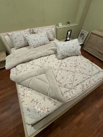 Çift Kişilik Welsoft Pufidik Uyku Seti Bej Etnik (Lastikli Çarşaflı)