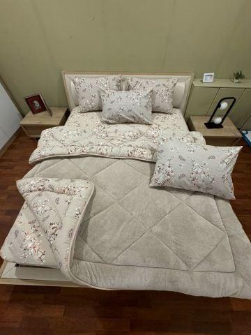 Çift Kişilik Welsoft Pufidik Uyku Seti Bej Etnik (Lastikli Çarşaflı)