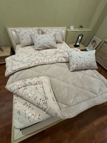 Çift Kişilik Welsoft Pufidik Uyku Seti Bej Etnik (Lastikli Çarşaflı)