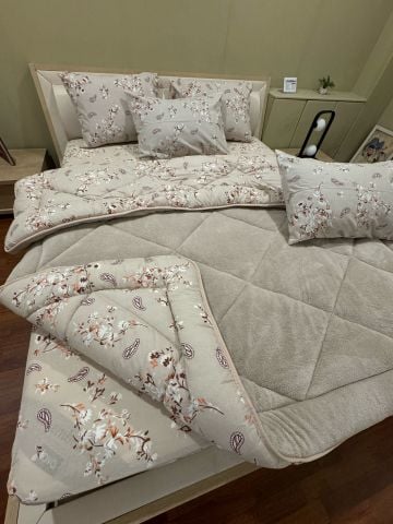 Çift Kişilik Welsoft Pufidik Uyku Seti Bej Etnik (Lastikli Çarşaflı)