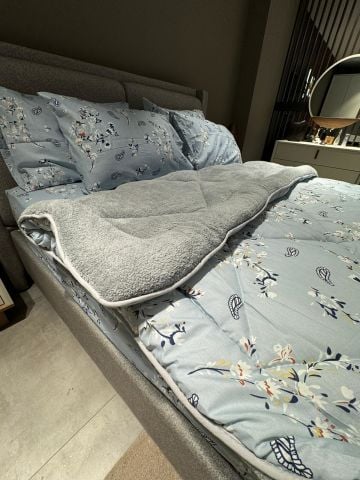 Çift Kişilik Welsoft Pufidik Uyku Seti Gri Mavi Etnik (Lastikli Çarşaflı)