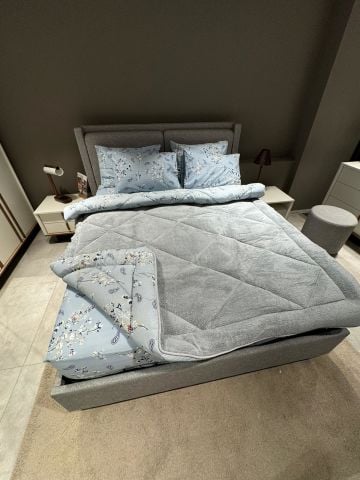 Çift Kişilik Welsoft Pufidik Uyku Seti Gri Mavi Etnik (Lastikli Çarşaflı)