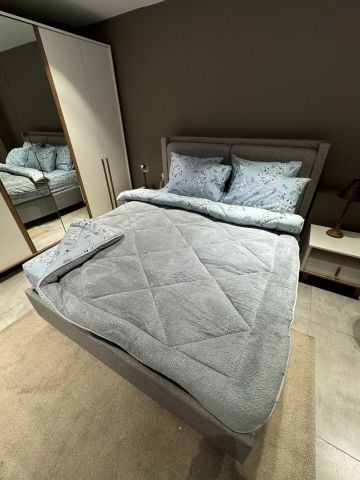 Çift Kişilik Welsoft Pufidik Uyku Seti Gri Mavi Etnik (Lastikli Çarşaflı)