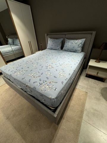 Çift Kişilik Welsoft Pufidik Uyku Seti Gri Mavi Etnik (Lastikli Çarşaflı)