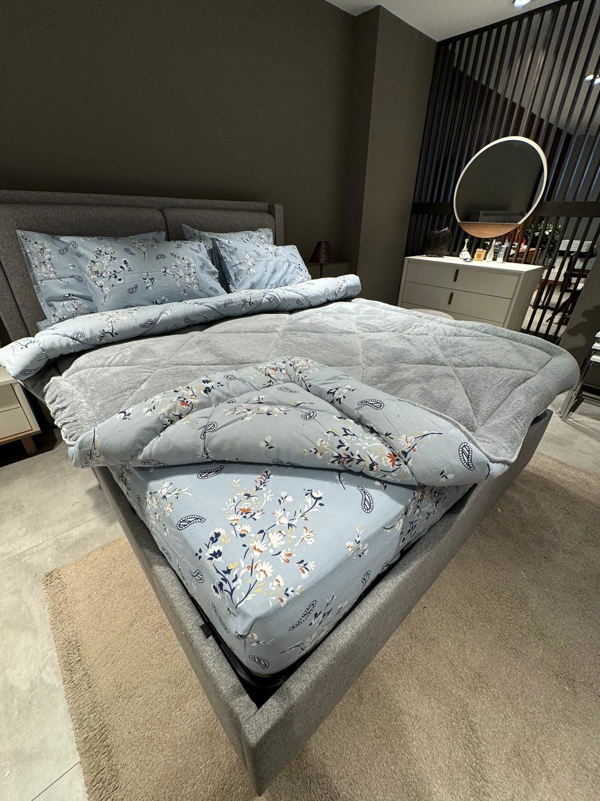 Çift Kişilik Welsoft Pufidik Uyku Seti Gri Mavi Etnik (Lastikli Çarşaflı)