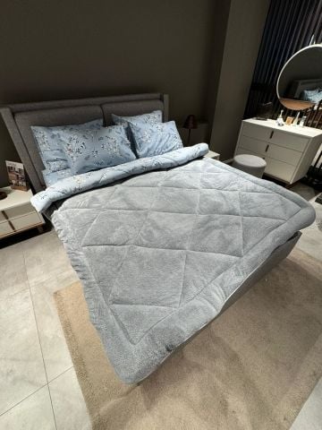 Çift Kişilik Welsoft Pufidik Uyku Seti Gri Mavi Etnik (Lastikli Çarşaflı)