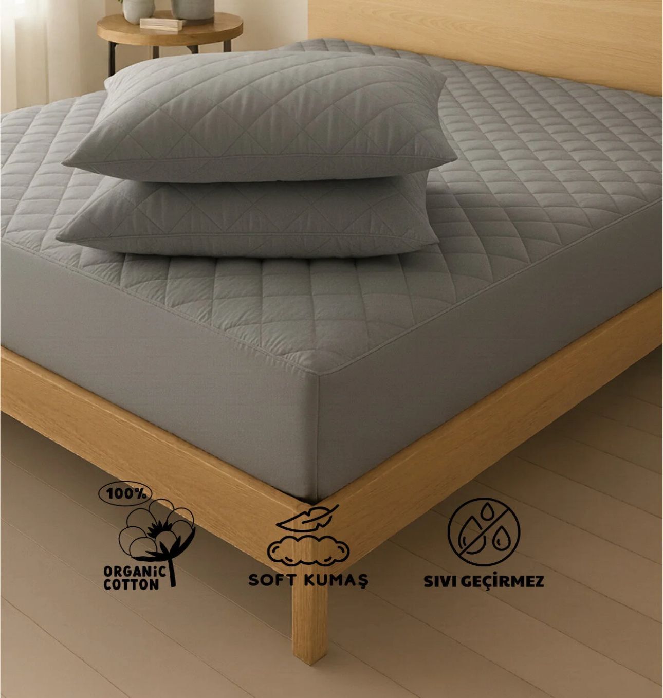 FİTTED SIVI GEÇİRMEZ YATAK KORUYUCU ALEZ RENK GRİ (Yastık Alezi Dahil)