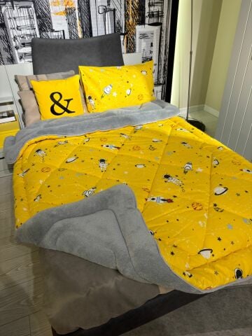 Tekstil Diyarı Tek Kişilik Çift Taraflı Welsoft Yorgan Uzay Sarı