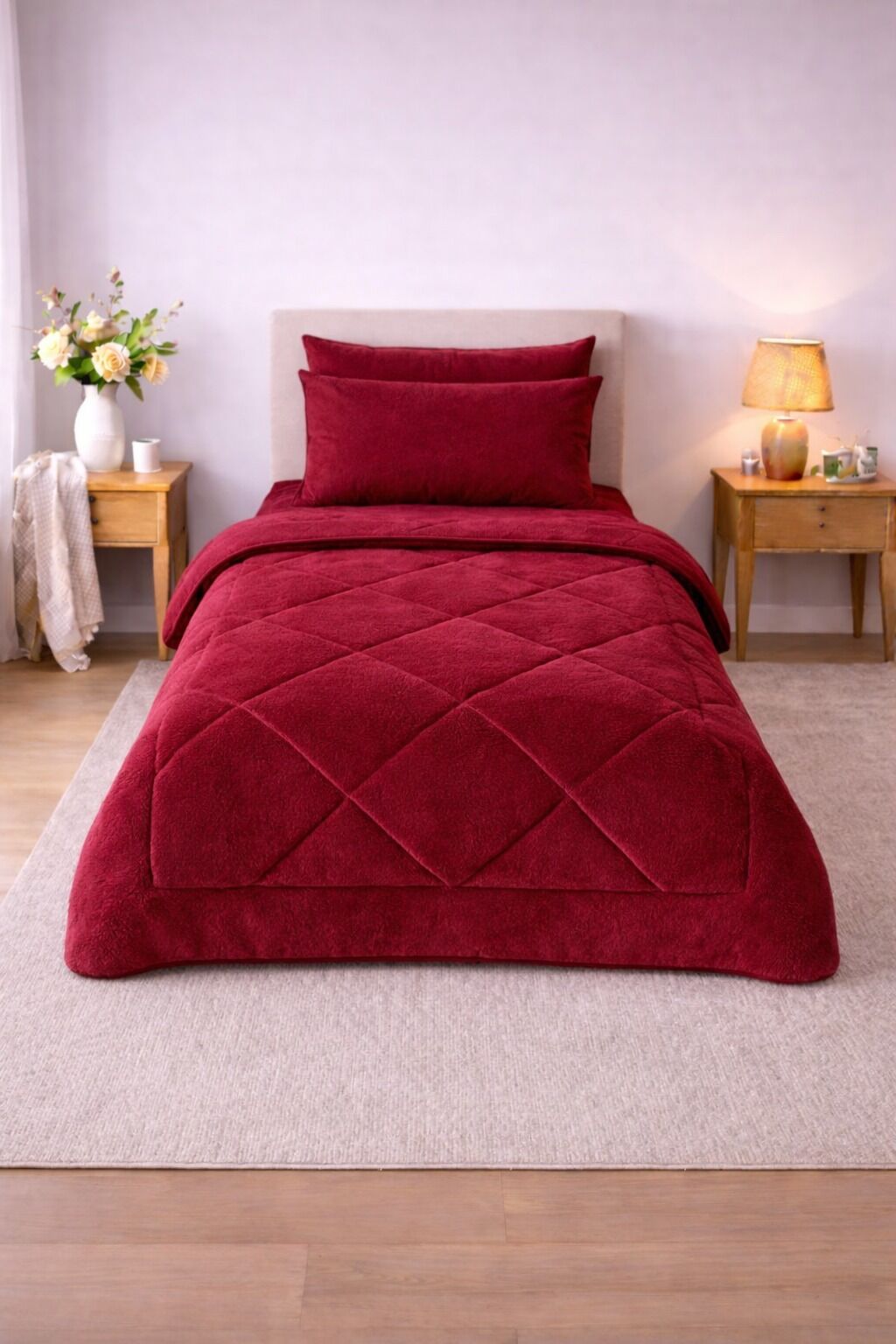 Exclusive Welsoft Tek Kişilik Uyku Seti Lastikli Çarşaflı Bordo