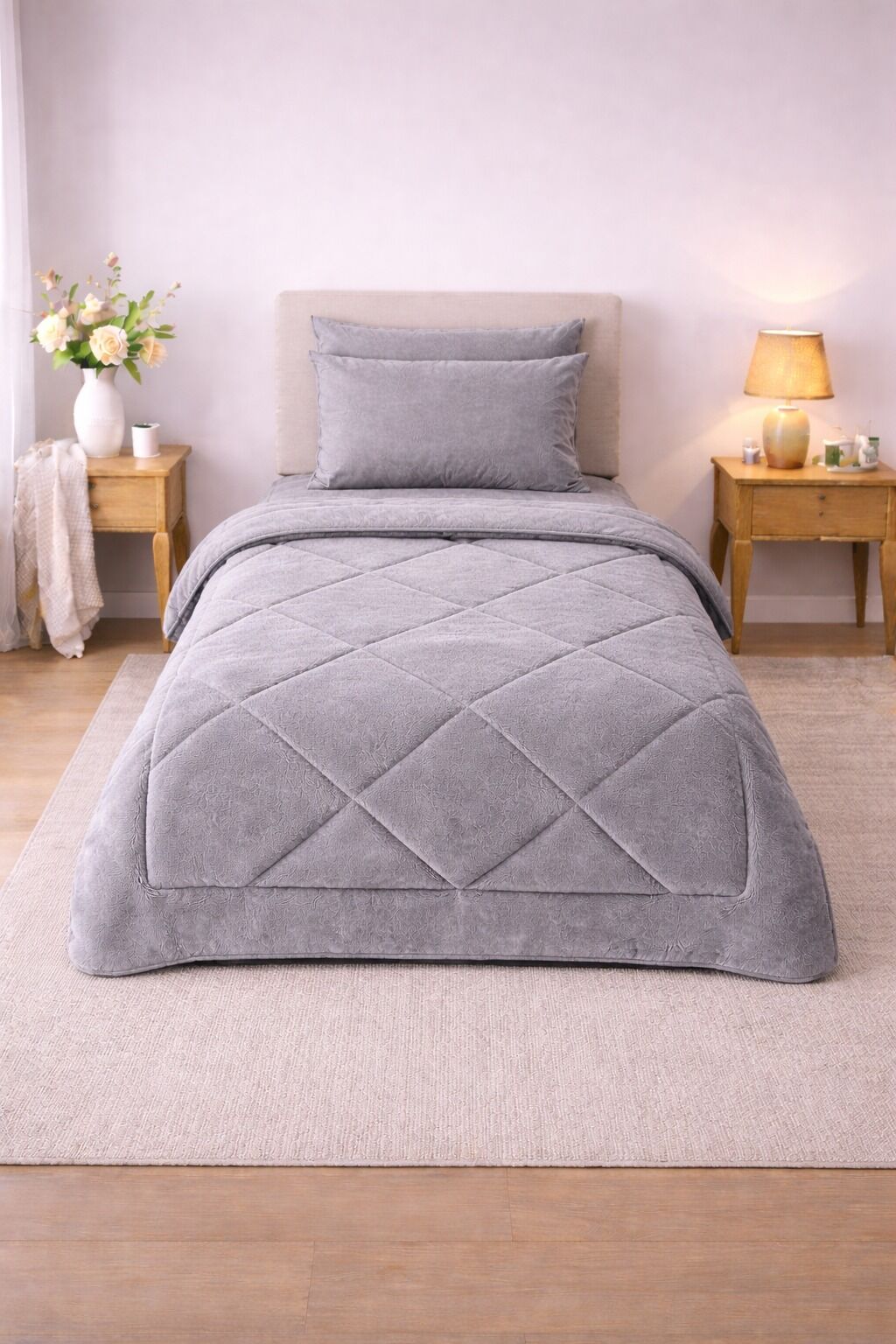 Exclusive Welsoft Tek Kişilik Uyku Seti Lastikli Çarşaflı Gri