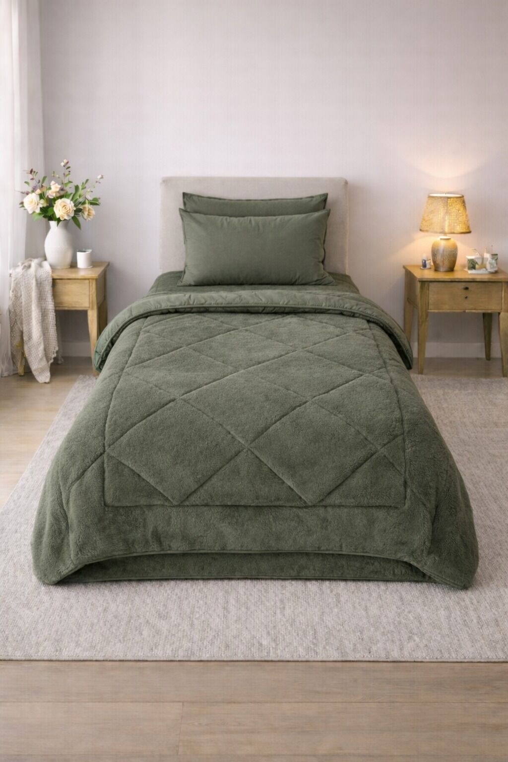 Exclusive Welsoft Tek Kişilik Uyku Seti Lastikli Çarşaflı Haki