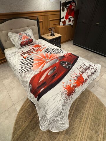Kapitone Yatak Örtüsü Tek Kişilik Fast Car Kırmızı