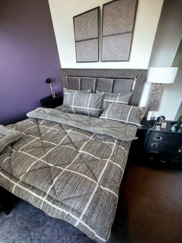 Çift Kişilik Welsoft Pufidik Uyku Seti Gri Çizgili (Lastikli Çarşaflı)