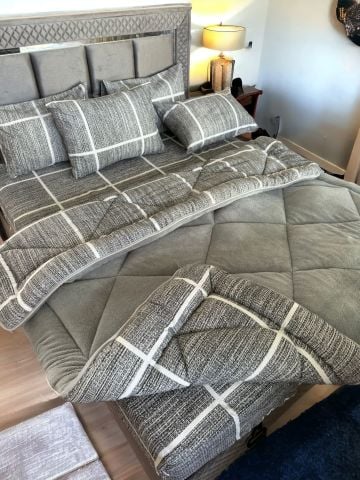 Çift Kişilik Welsoft Pufidik Uyku Seti Gri Çizgili (Lastikli Çarşaflı)