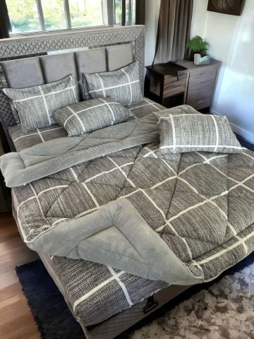 Çift Kişilik Welsoft Pufidik Uyku Seti Gri Çizgili (Lastikli Çarşaflı)