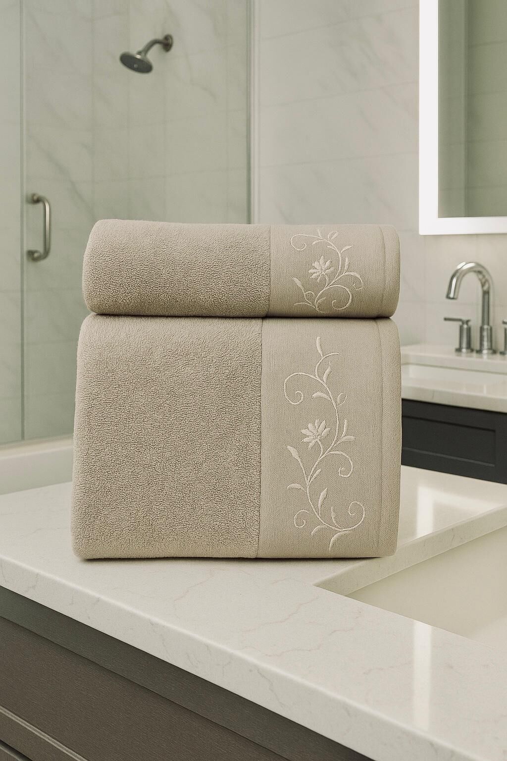 %100 Pamuk Nakışlı Tek Kişilik Hamam Seti Marino