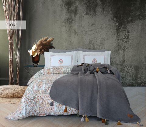 İyi Geceler İstanbul Home Püsküllü Battaniyeli Nevresim Takımı Stone