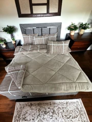 Çift Kişilik Welsoft Pufidik Uyku Seti Kahve Çizgili (Lastikli Çarşaflı)